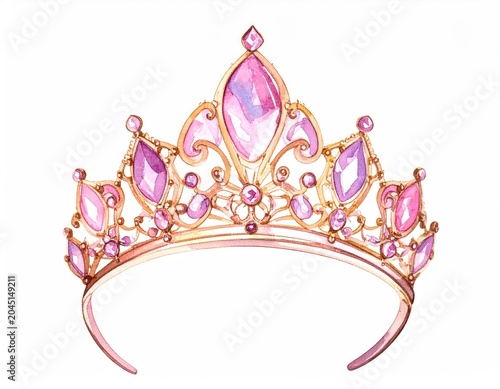 Ornate golden tiara with pink gemstones, delicate details, against white