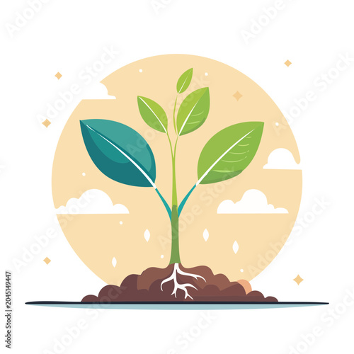 Illustration of a green sprout growing from soil with roots