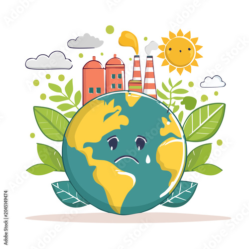 Sad Earth Crying Due to Pollution from Factories