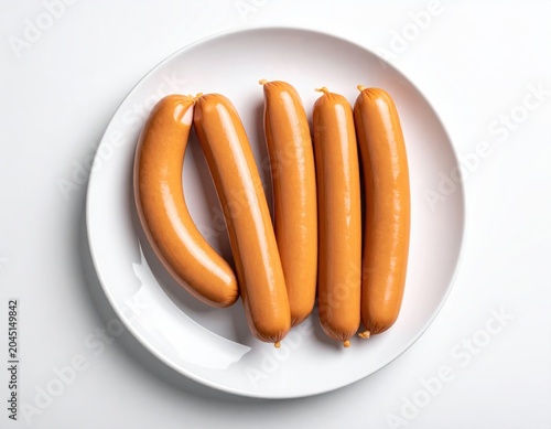 Five glistening, plump, pale brown sausages arranged on a white plate