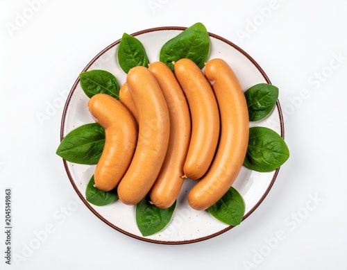 Five plump sausages arranged on a plate with fresh green spinach leaves