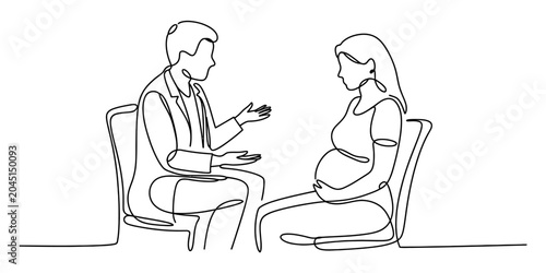 Continuous line drawing of a male doctor talking to a pregnant woman sitting on chairs during a consultation for medical health and pregnancy care checkup Vector, illustration