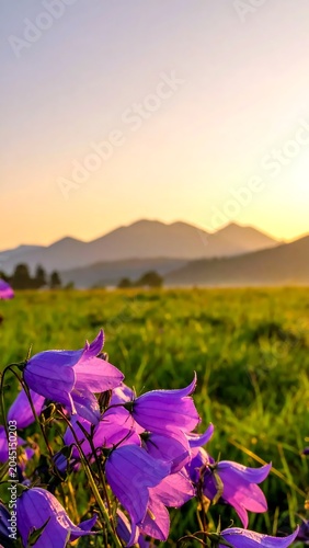 Vibrant Purple Bellflowers Blooming in Sunlit Meadow with Mountain Silhouette at Sunrise