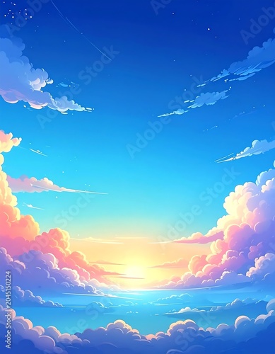 Vibrant Pastel Cloudscape Glowing at Sunrise in Expansive Blue Sky