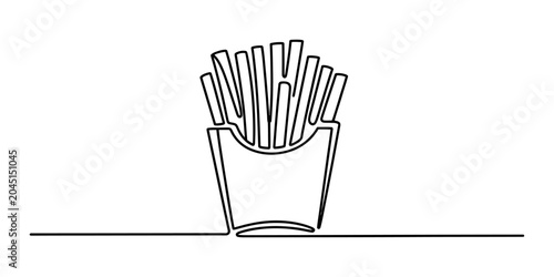 Continuous single line drawing of french fries in a paper carton container depicting fast food snack concept in a simple minimalist black and black style Vector, illustration