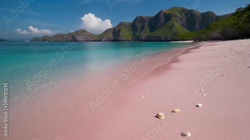 Pink beach and sea.