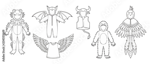 Foto Kids costume coloring page vector template set of funny animal and monster outfits for Halloween party or carnival dress up games, line art design elements on white background
