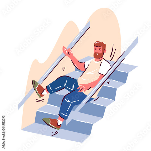 Man Falling Down Stairs on indoor staircase with handrail, worried face, slipped foot and motion marks. Home accident scene with man falling down stairs, flat lifestyle vector illustration