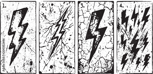 Billede på lærred Set of 4 Grunge Lightning Bolt Variations Ink Illustration — Dark Distressed Thu