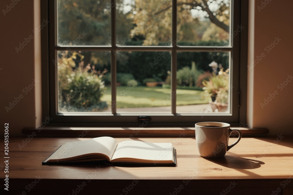 Fototapeta premium Open notebook and coffee mug sit on wood table near large window. Garden view through window shows trees and green grass. Sunlight streams into cozy room.