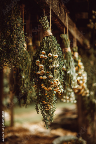 Rosemary and Chamomile Herb Bundles Hanging to Dry in Rustic Kitchen