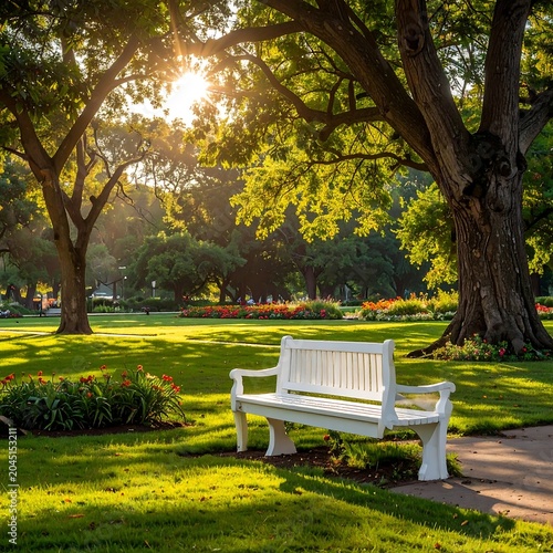 Sunlit White Park Bench Resting Beneath Large Trees in Lush Green Garden