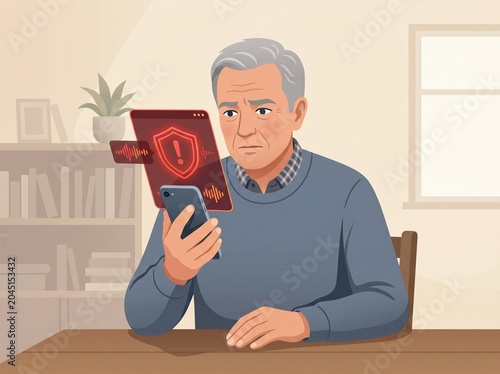 Senior adult receiving suspicious AI voice scam call alert