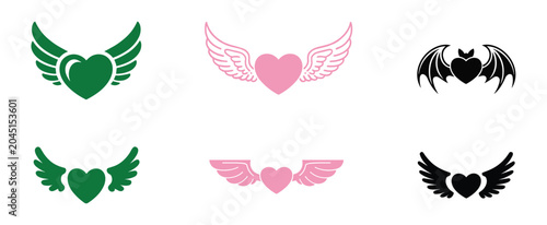 Canvastavla Hearts with Wings Vector Icons: A collection of stylized heart icons, each adorned with different wing designs—ranging from angel wings to bat wings—presented in green, pink, and black