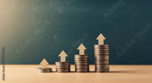 Stacks of Coins of Various Heights with Wooden Arrows Pointing Upwards Depicting Financial Growth Business Profit and Economic Progress on Wood Table