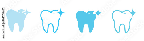 Slika na platnu Tooth Icon Series: A set of stylized tooth icons in varying shades of blue, symbolizing dental hygiene and cleanliness, each with a sparkling accent