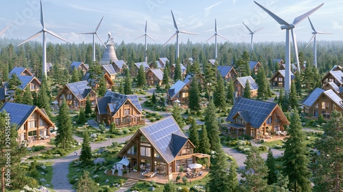 Eco Village With Wooden Houses and Renewable Energy Sources in Countryside Aerial View