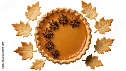 Fotografie Isolated pumpkin pie with flaky crust, star anise, and decorative maple leaf coo