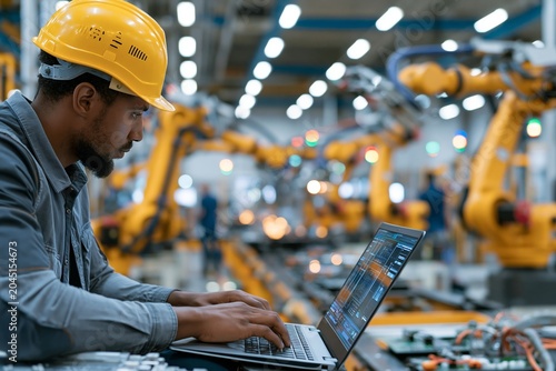 Engineer Uses Laptop in Factory With Robotic Arms Working on Assembly Line in Advanced Tech Production Area
