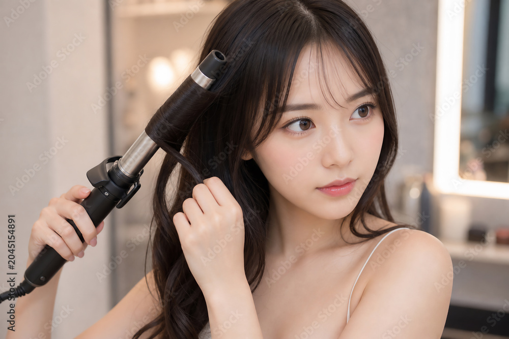 Fototapeta premium ヘアアイロンで髪を巻く若い女性のビューティーポートレート Generative AI