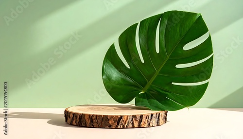 Single Tropical Monstera Leaf Displayed on Wooden Podium Against Soft Green Background