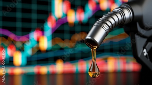 Fuel Nozzle Drips Gasoline With Chart Background Showing Fluctuations in Global Oil Prices and Energy Market Data