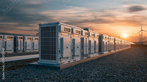 Giant Battery Energy Storage System Near Solar Farm During Sunset With Cinematic Lighting and Clear Sky