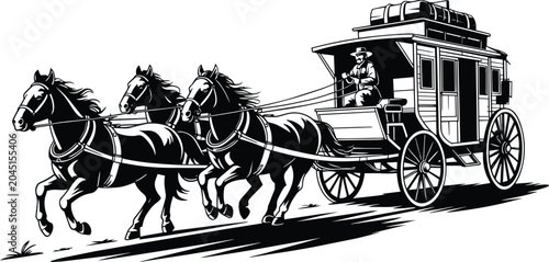 Vintage stagecoach with three horses pulling and a driver, detailed illustration and transport, wild west, and horse