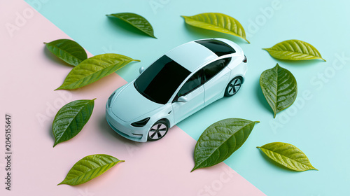 Isolated Electric Car Model Surrounded by Green Leaves on Pastel Background for Eco Mobility Concept