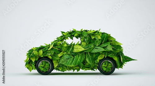 Isolated Green Leaf Shaped Electric Car Icon on White Background Representing Eco-Friendly Transport Concept in Minimal Design