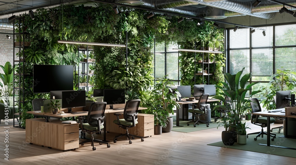 Fototapeta premium Modern Eco Office Interior Shows Green Plants and Natural Materials for Sustainable Workspace Design in Bright Room With Panoramic View