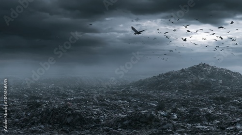 Landfill Fills With Waste Under Dark Clouds and Birds Flying Above Showing Climate Crisis in Stark Reality