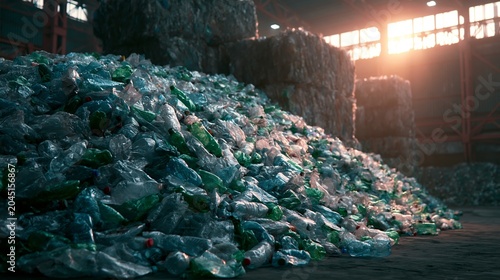 Compressed Plastic Bottles Prepared for Recycling in an Industrial Warehouse Setting With Realistic Textures and Lighting