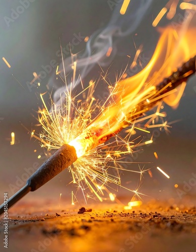 Bright Burning Sparkler Emitting Sparks on Sandy Ground at Dusk