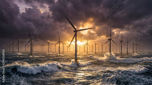 Offshore Wind Farm in Stormy Sea and Dramatic Sky