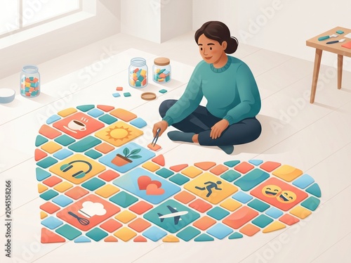 Person building a colorful mosaic of joyful life moments