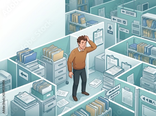 Confused man in hospital paperwork maze concept