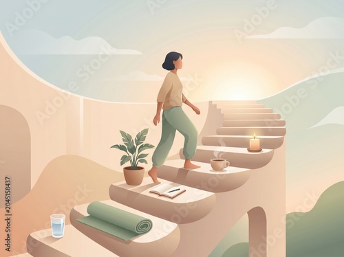 Person climbing ritual steps toward calm inner balance