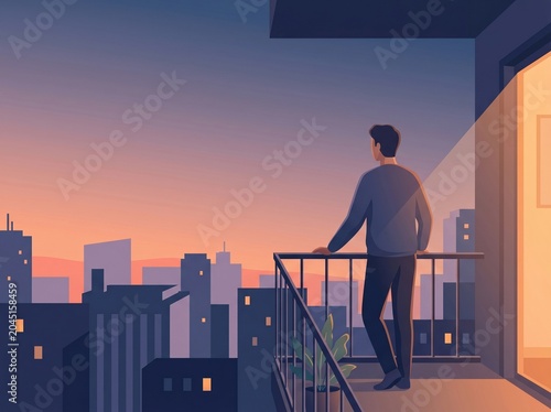Woman on balcony at dusk in a quiet city reflection scene
