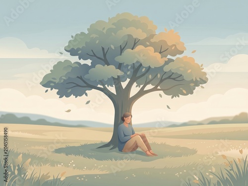 Solitary person resting under a large tree in calm stillness