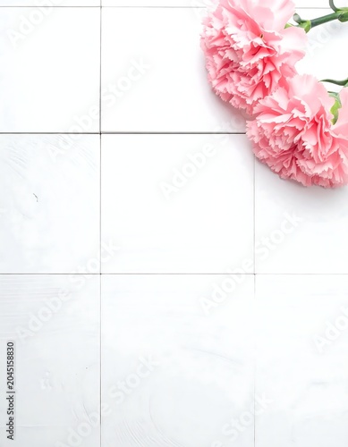 Soft Pink Carnation Flowers Arranged on White Tiled Background