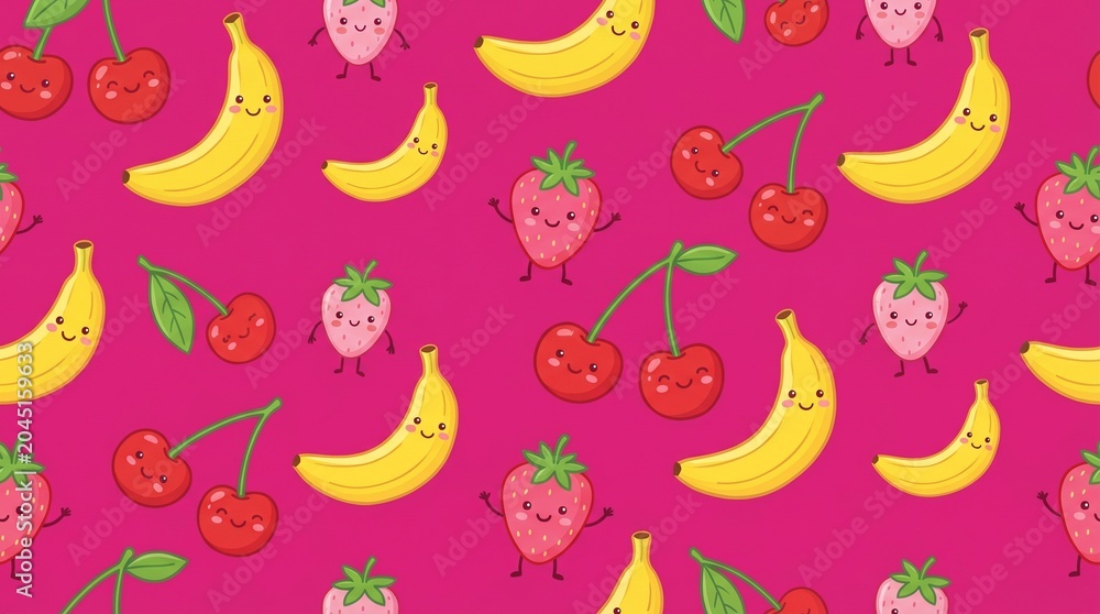 Fototapeta premium Cute Kawaii Fruit Pattern with Bananas Strawberries and Cherries on Pink Background