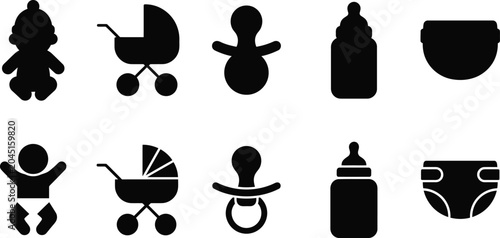 Baby icons set including silhouette shapes of infant carriage pacifier feeding bottle and diaper for parenting graphic.