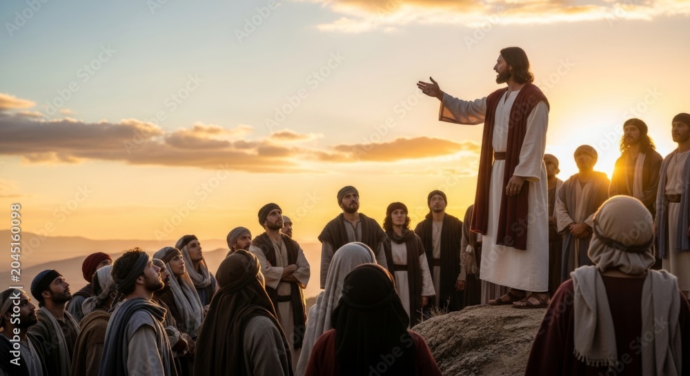Fototapeta premium Jesus Preaching to Captivated Crowd on Hillside at Golden Hour Sunset