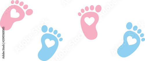Baby footprints with hearts pink and blue gender reveal clipart newborn feet steps set isolated vector illustration.