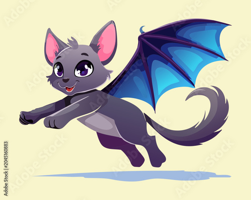 Konstfotografi Adorable baby bat flying gracefully with wide blue wings spreading joy in a play