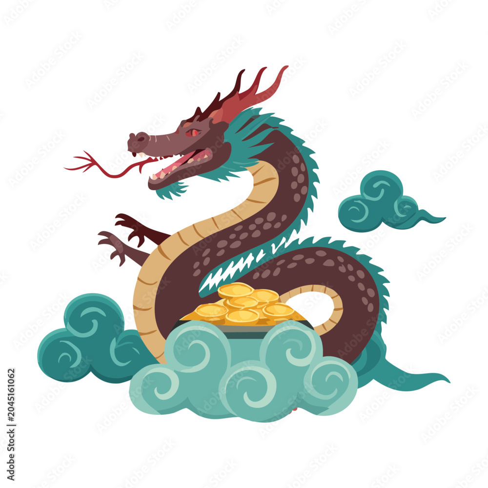Fototapeta premium Traditional Chinese dragon serpent flying high among mystical clouds with a golden bowl of wealth for oriental festival design