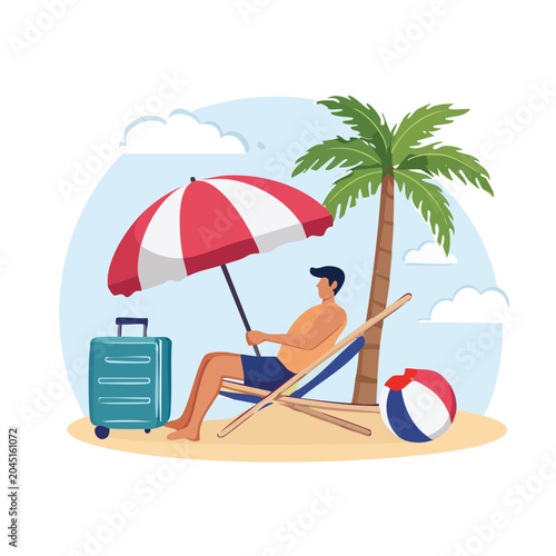 Man relaxing on a beach chair under an umbrella with suitcase