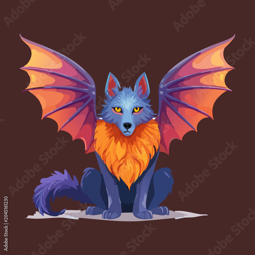 Foto Mythical dark wolf with majestic purple wings sitting calmly on a dark backgroun