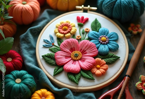 Intricate Floral Embroidery Hoop Art with Multi-Color Stitches on Fabric Background